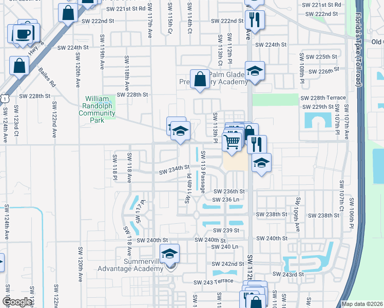 map of restaurants, bars, coffee shops, grocery stores, and more near 23281 Southwest 114th Place in Homestead