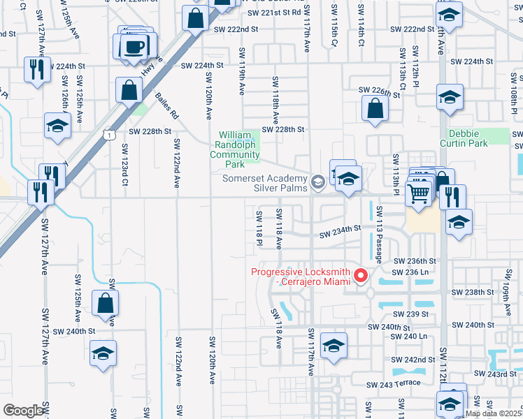 map of restaurants, bars, coffee shops, grocery stores, and more near 11864 Southwest 232nd Lane in Homestead