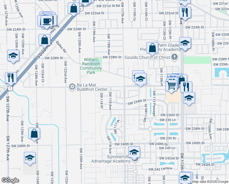 map of restaurants, bars, coffee shops, grocery stores, and more near 23271 Southwest 118 Avenue in Homestead