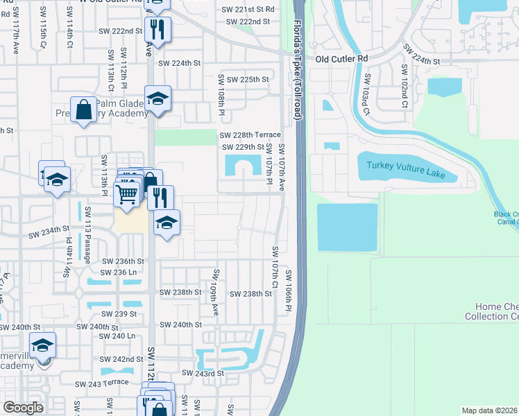 map of restaurants, bars, coffee shops, grocery stores, and more near 23259 Southwest 108th Avenue in Homestead