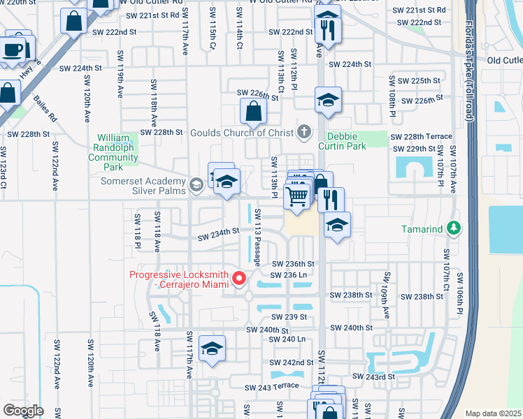 map of restaurants, bars, coffee shops, grocery stores, and more near 23363 Southwest 113 Passage in Miami