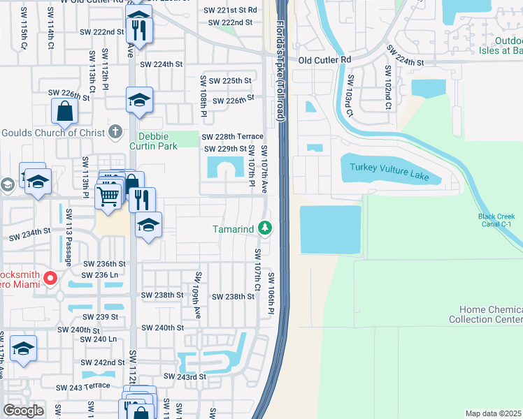 map of restaurants, bars, coffee shops, grocery stores, and more near 23256 Southwest 107th Avenue in Homestead
