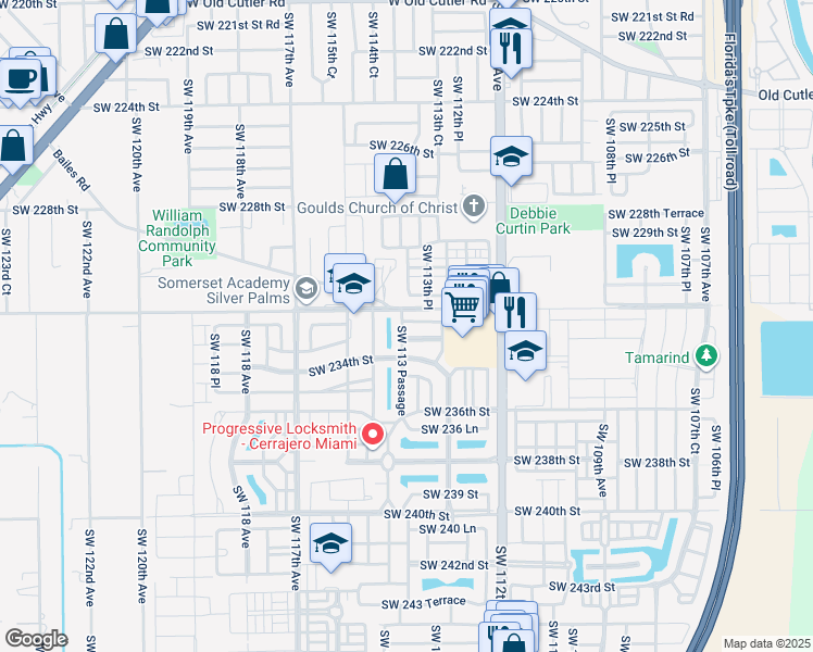 map of restaurants, bars, coffee shops, grocery stores, and more near 23363 Southwest 113 Passage in Miami