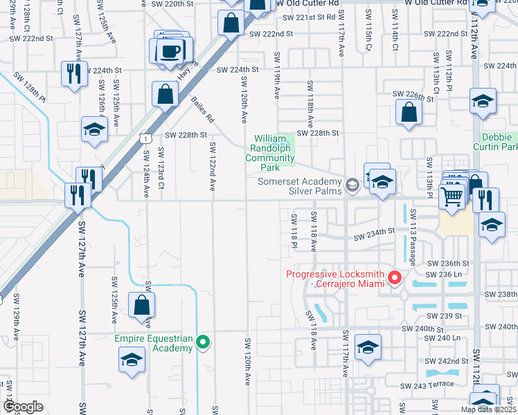 map of restaurants, bars, coffee shops, grocery stores, and more near 11950 Southwest 232nd Street in Miami