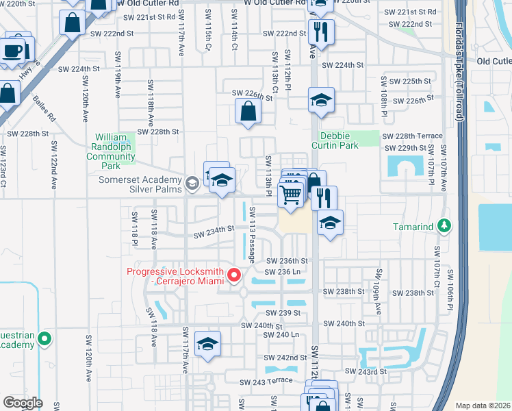 map of restaurants, bars, coffee shops, grocery stores, and more near 23363 Southwest 113 Passage in Miami