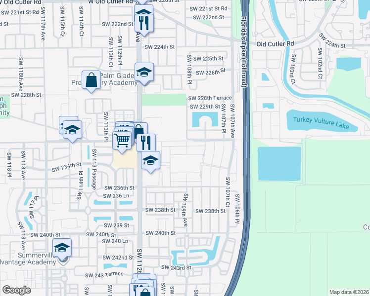 map of restaurants, bars, coffee shops, grocery stores, and more near 23255 Southwest 109th Avenue in Homestead
