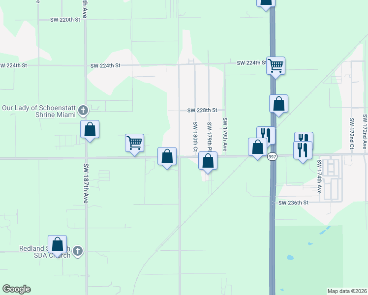 map of restaurants, bars, coffee shops, grocery stores, and more near 23105 Southwest 182nd Avenue in Miami