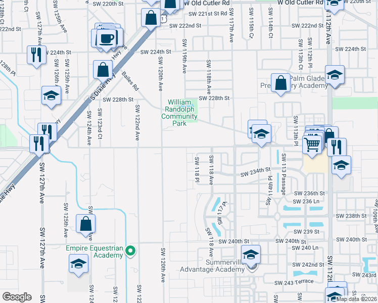 map of restaurants, bars, coffee shops, grocery stores, and more near 11864 Southwest 232nd Lane in Homestead