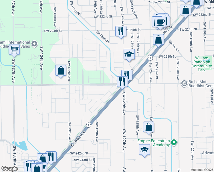 map of restaurants, bars, coffee shops, grocery stores, and more near 12750 Southwest 232nd Street in Miami