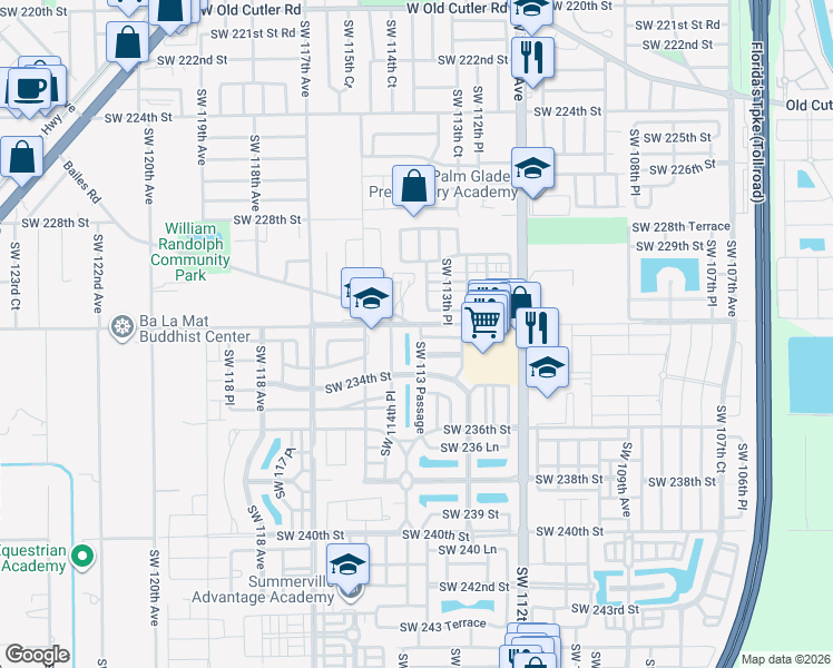 map of restaurants, bars, coffee shops, grocery stores, and more near 23363 Southwest 113 Passage in Miami