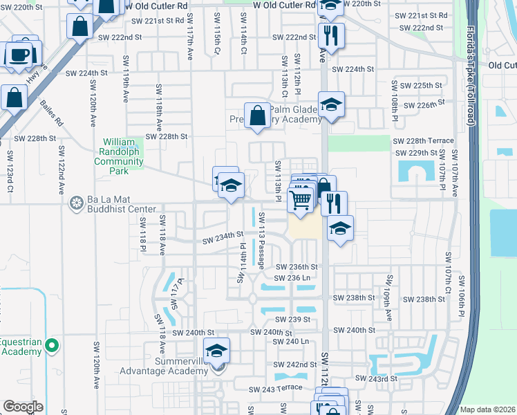 map of restaurants, bars, coffee shops, grocery stores, and more near 23363 Southwest 113 Passage in Miami