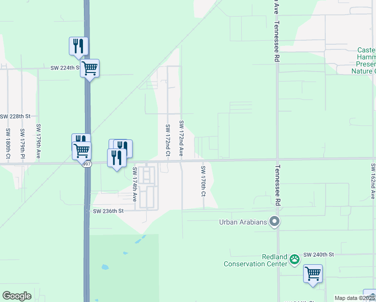map of restaurants, bars, coffee shops, grocery stores, and more near 17175 Southwest 232nd Street in Miami