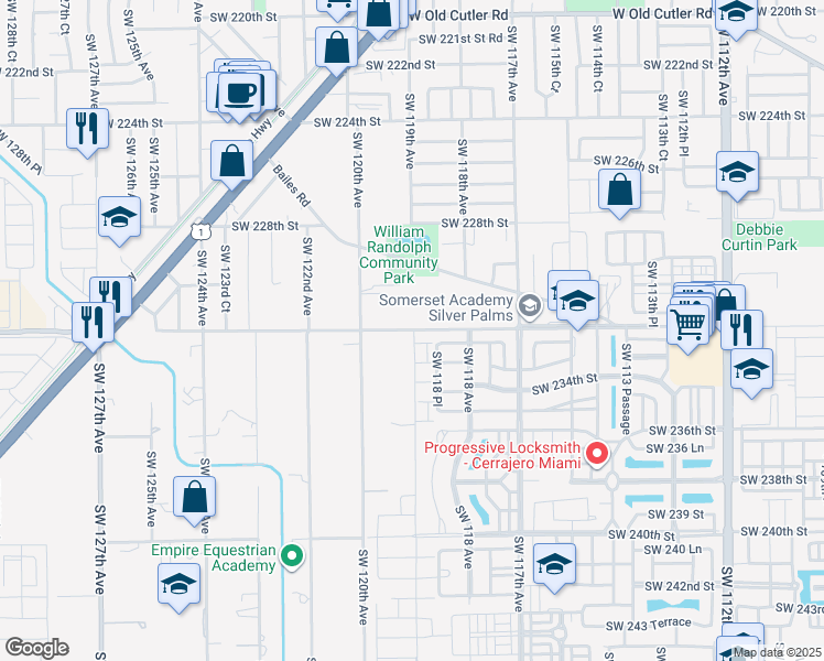map of restaurants, bars, coffee shops, grocery stores, and more near 11950 Southwest 232nd Street in Miami
