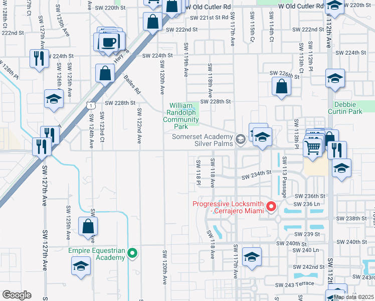 map of restaurants, bars, coffee shops, grocery stores, and more near 11950 Southwest 232nd Street in Miami