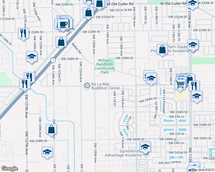 map of restaurants, bars, coffee shops, grocery stores, and more near 11950 Southwest 232nd Street in Miami