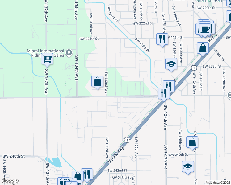 map of restaurants, bars, coffee shops, grocery stores, and more near 13005 Southwest 232nd Street in Goulds