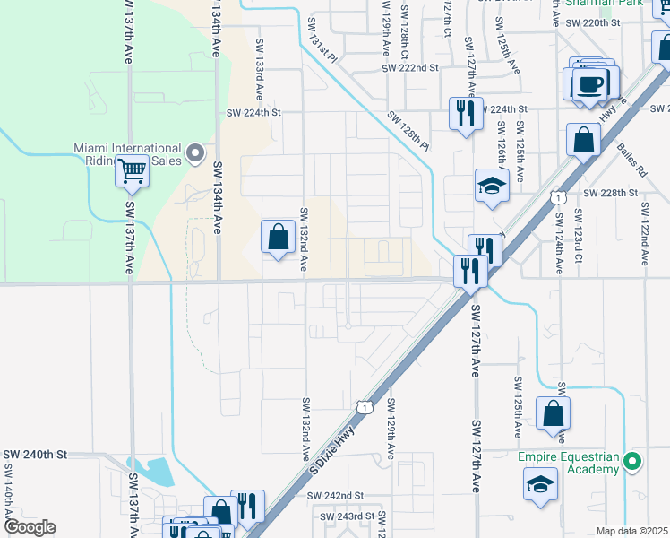 map of restaurants, bars, coffee shops, grocery stores, and more near 13005 Southwest 232nd Street in Goulds