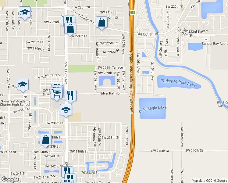 map of restaurants, bars, coffee shops, grocery stores, and more near 10806 Southwest 231st Terrace in Miami