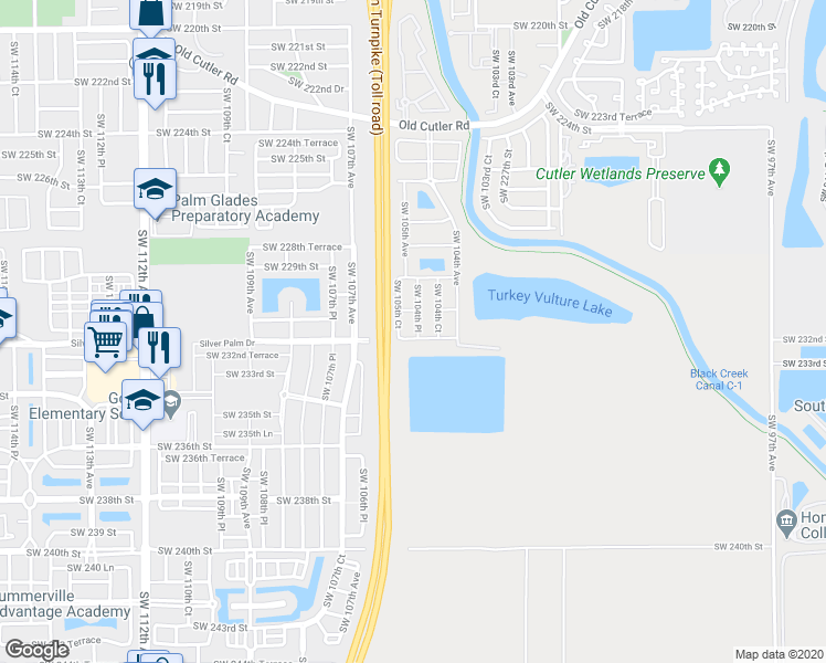 map of restaurants, bars, coffee shops, grocery stores, and more near 23132 Southwest 104th Court in Homestead