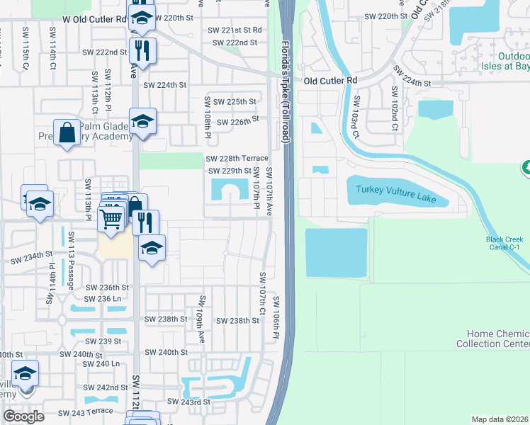 map of restaurants, bars, coffee shops, grocery stores, and more near 23122 Southwest 107th Avenue in Miami
