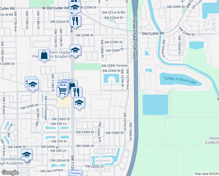 map of restaurants, bars, coffee shops, grocery stores, and more near 10856 Southwest 231st Terrace in Miami