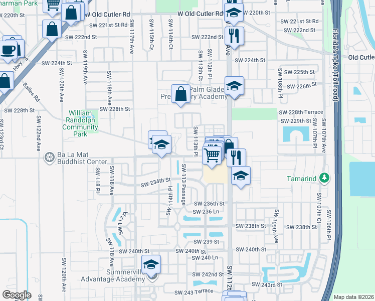 map of restaurants, bars, coffee shops, grocery stores, and more near 23100 Southwest 113 Passage in Miami