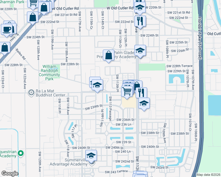 map of restaurants, bars, coffee shops, grocery stores, and more near 23100 Southwest 113 Passage in Miami
