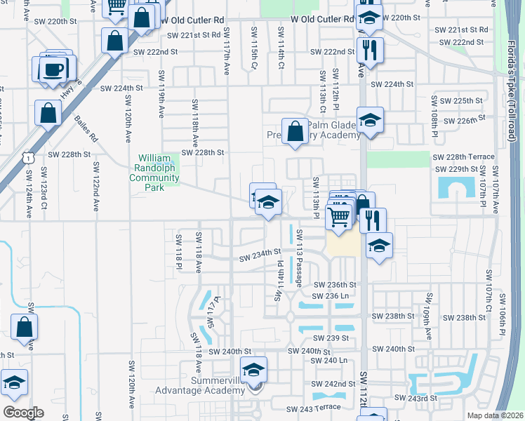 map of restaurants, bars, coffee shops, grocery stores, and more near 11560 Bailes Road in Miami