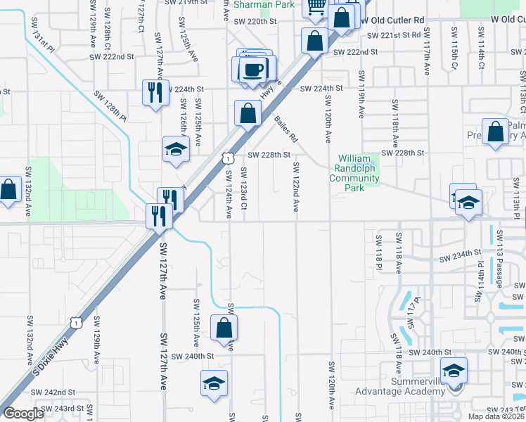 map of restaurants, bars, coffee shops, grocery stores, and more near 23040 Southwest 123rd Avenue in Miami