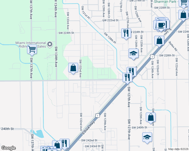 map of restaurants, bars, coffee shops, grocery stores, and more near 13005 Southwest 232nd Street in Goulds