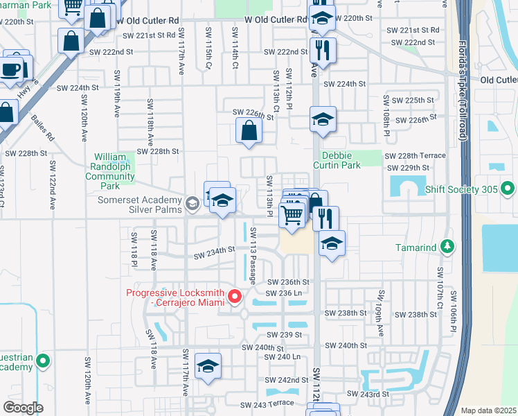 map of restaurants, bars, coffee shops, grocery stores, and more near 23100 Southwest 113 Passage in Miami