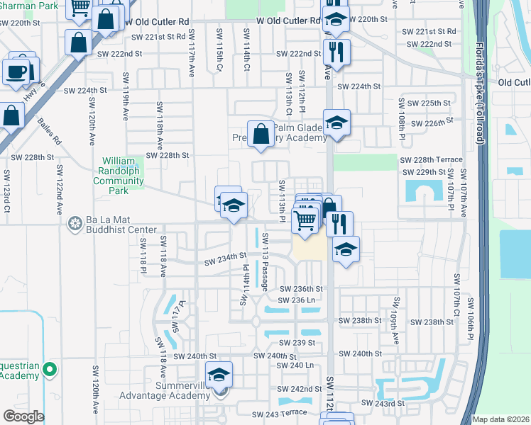 map of restaurants, bars, coffee shops, grocery stores, and more near 23100 Southwest 113 Passage in Miami
