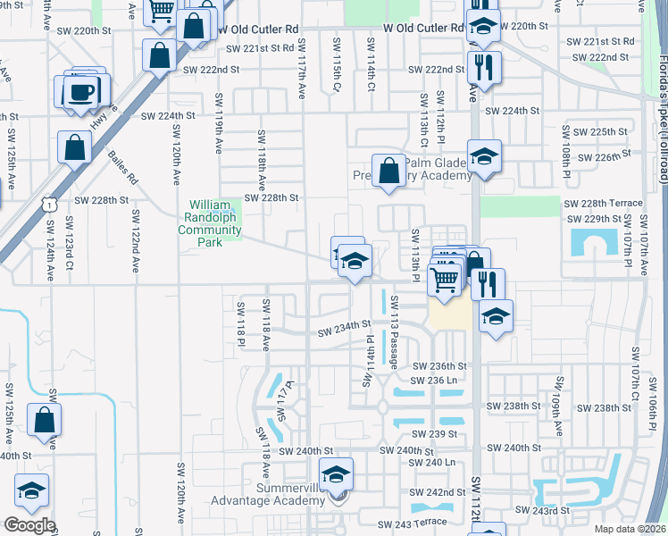 map of restaurants, bars, coffee shops, grocery stores, and more near 11560 Bailes Road in Miami