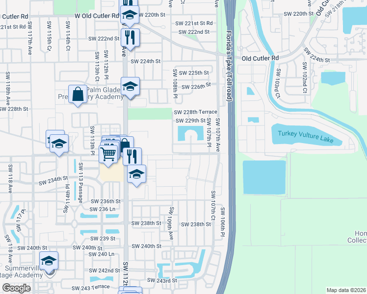 map of restaurants, bars, coffee shops, grocery stores, and more near 10856 Southwest 231st Terrace in Miami