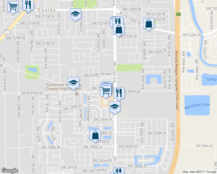 map of restaurants, bars, coffee shops, grocery stores, and more near 11237 Southwest 231st Lane in Miami