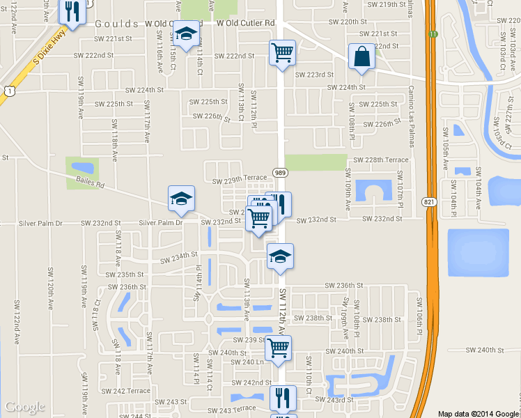 map of restaurants, bars, coffee shops, grocery stores, and more near 11237 Southwest 231st Lane in Miami