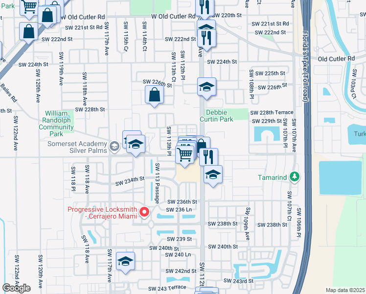 map of restaurants, bars, coffee shops, grocery stores, and more near 23108 Southwest 113th Avenue in Miami