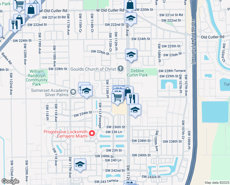 map of restaurants, bars, coffee shops, grocery stores, and more near 11275 Southwest 231st Lane in Miami