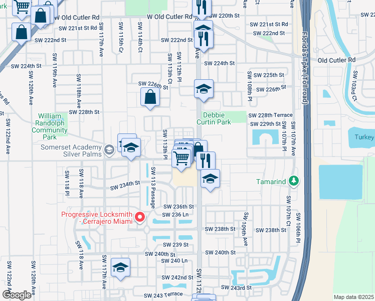 map of restaurants, bars, coffee shops, grocery stores, and more near 11241 Southwest 231st Lane in Miami