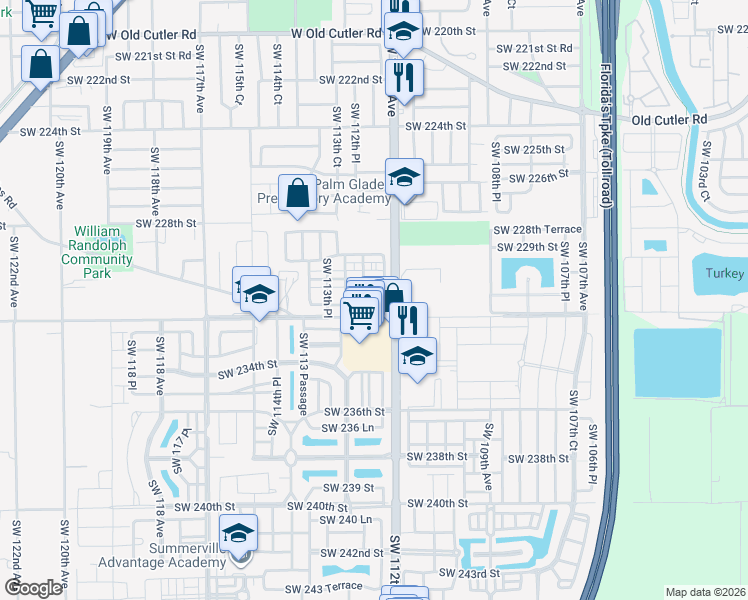map of restaurants, bars, coffee shops, grocery stores, and more near 11237 Southwest 231st Lane in Miami