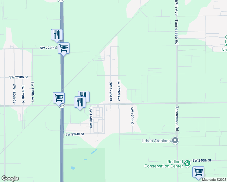 map of restaurants, bars, coffee shops, grocery stores, and more near 22950 Southwest 172nd Avenue in Miami