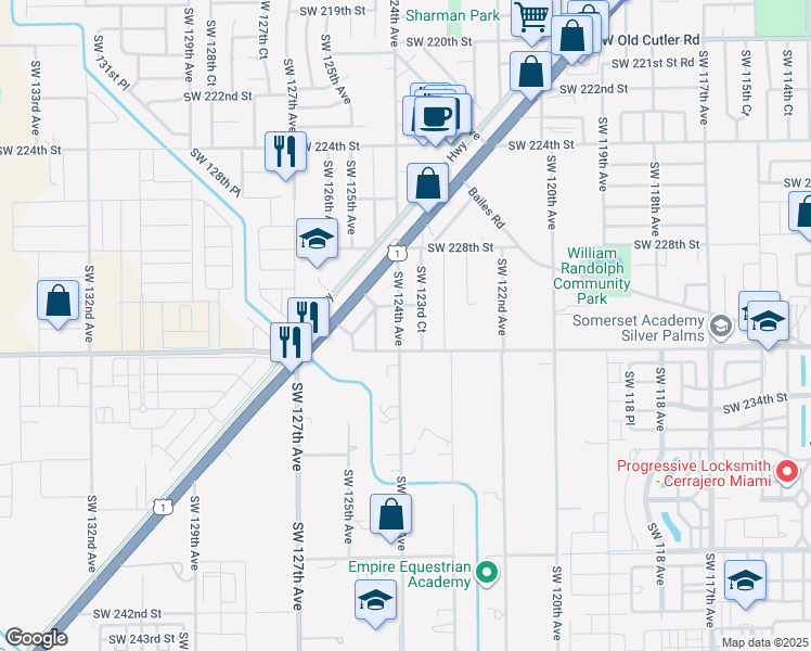 map of restaurants, bars, coffee shops, grocery stores, and more near 23005 Southwest 124th Avenue in Miami