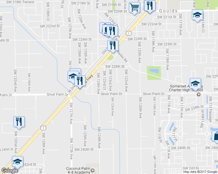 map of restaurants, bars, coffee shops, grocery stores, and more near 23040 Southwest 123rd Avenue in Miami
