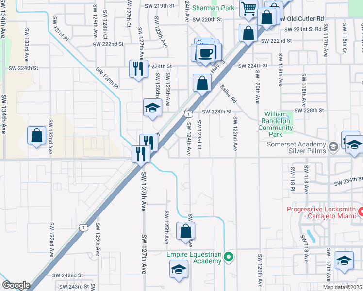 map of restaurants, bars, coffee shops, grocery stores, and more near 23061 Southwest 124th Court in Miami