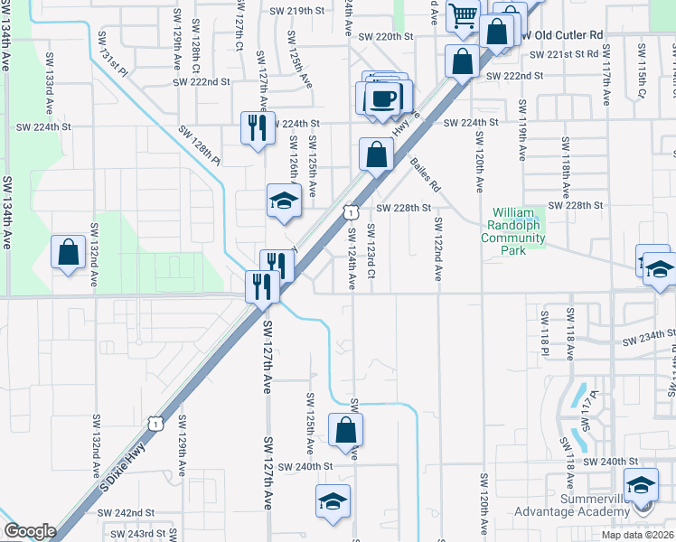 map of restaurants, bars, coffee shops, grocery stores, and more near 23005 Southwest 124th Avenue in Miami