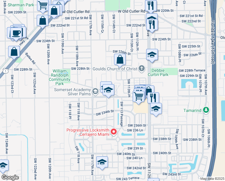 map of restaurants, bars, coffee shops, grocery stores, and more near 23121 Southwest 114th Path in Miami