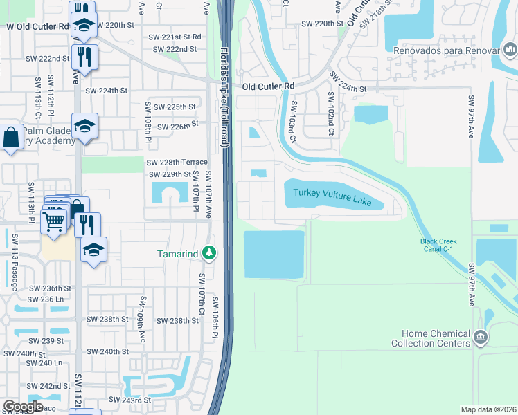 map of restaurants, bars, coffee shops, grocery stores, and more near 23132 Southwest 104th Court in Homestead