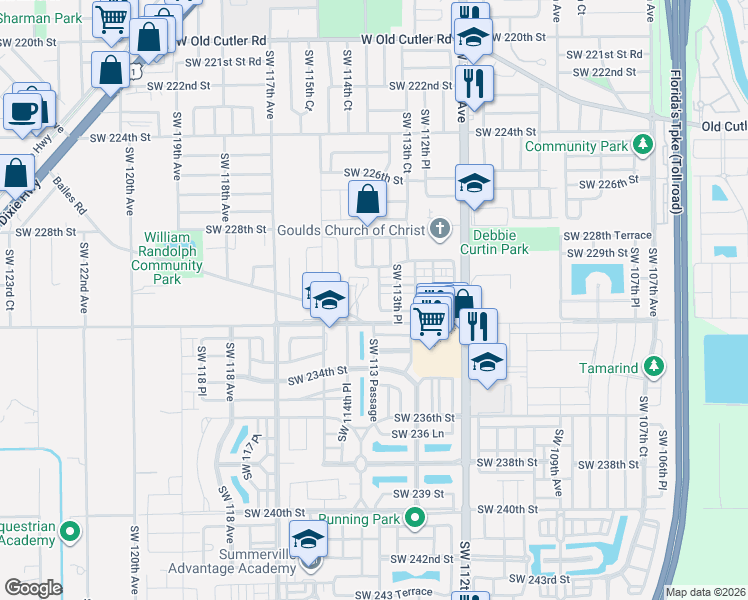 map of restaurants, bars, coffee shops, grocery stores, and more near 23100 Southwest 113 Passage in Miami