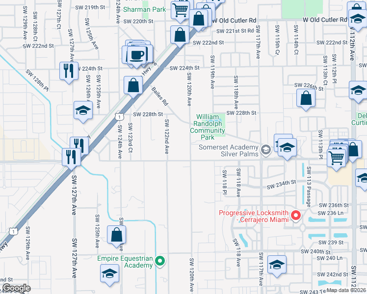 map of restaurants, bars, coffee shops, grocery stores, and more near 23005 Southwest 120th Avenue in Miami