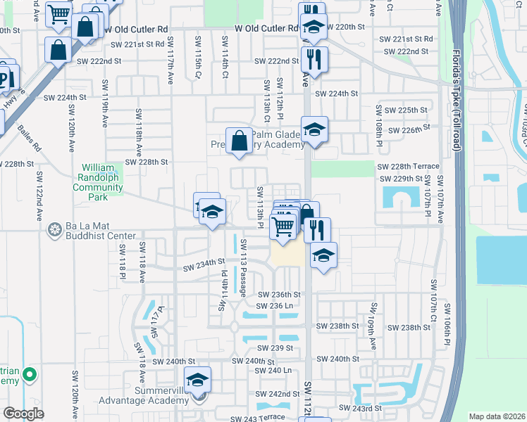 map of restaurants, bars, coffee shops, grocery stores, and more near 23128 Southwest 113th Avenue in Miami
